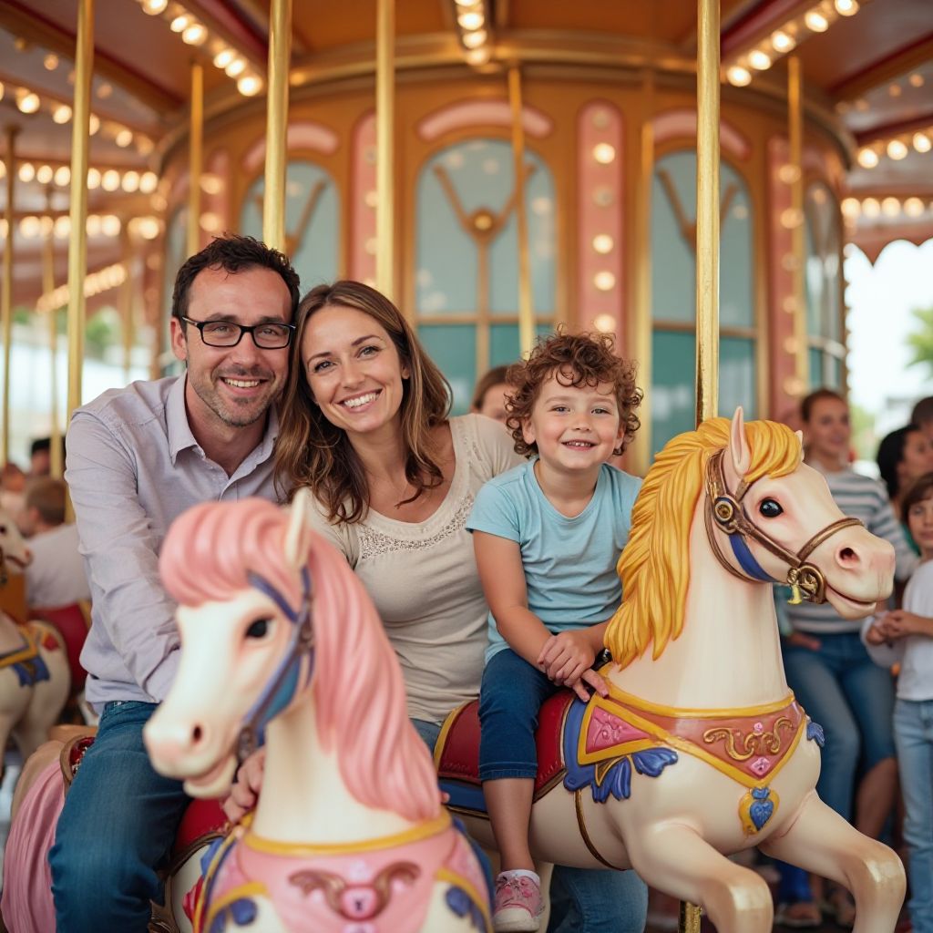 Family enjoying carousel